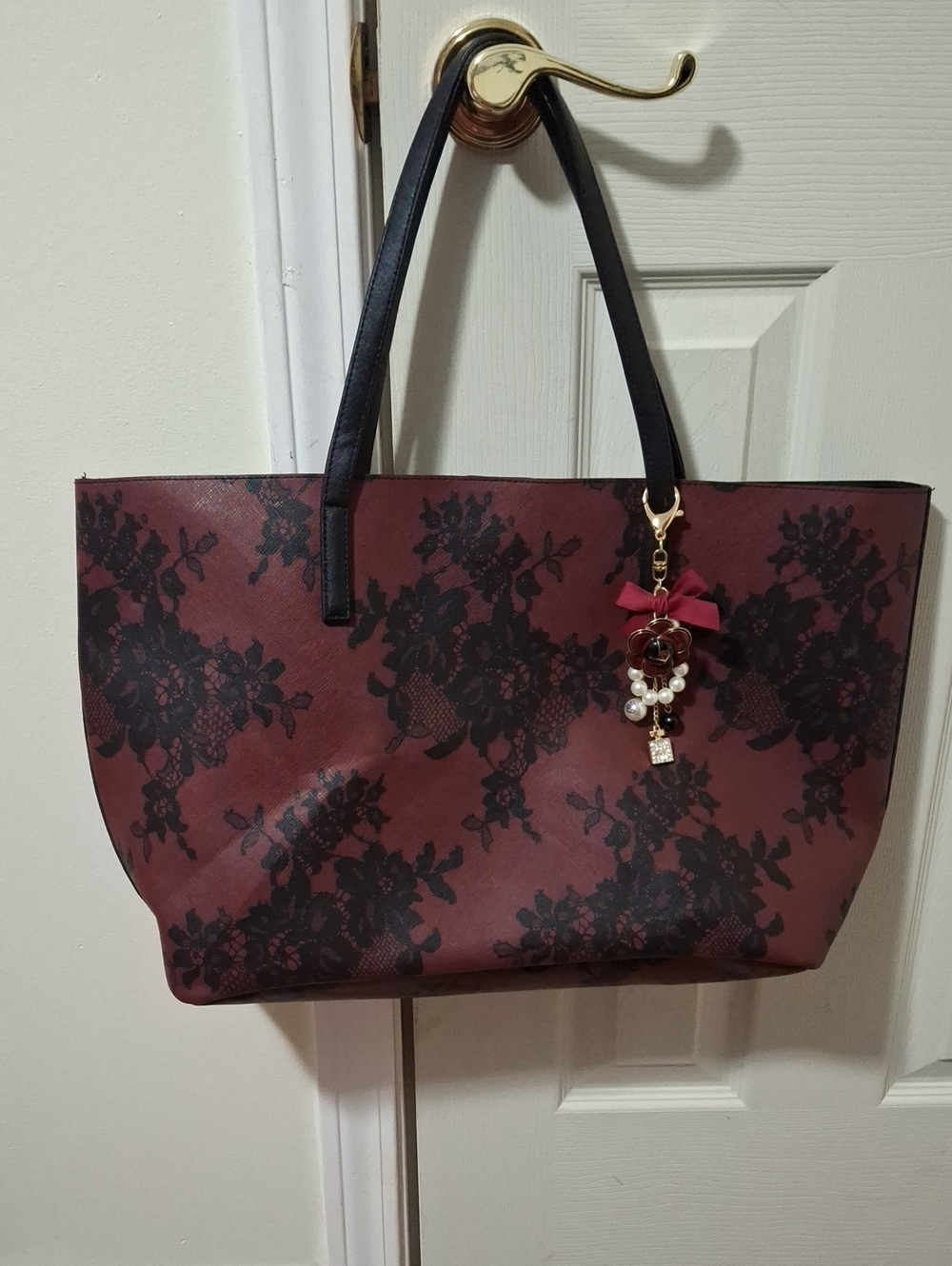 Burgundy and Black Lace-Print Tote Bag with Floral Charm